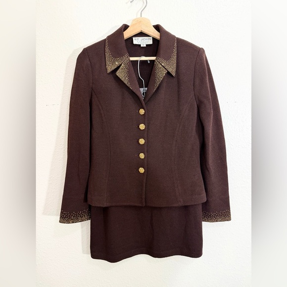 Vintage St. John Evening by Marie Gray Knit Skirt Suit Set Brown/Gold Size 8 - Picture 16 of 16